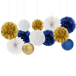 Navy-Blue White Gold Party-Decorations - 20pcs Graduation 2024 Paper Lanterns Fans,Tissue Pom Poms,Honeycomb Ball,Birthday Bridal Celebration Bachelorette Baby Shower Wedding Homecoming Decor Burgleda