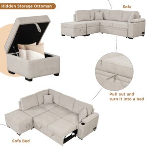 Sectional Sleeper Sofa with Storage Ottoman Pull Out Couch Bed with USB Charging & Cup Holder L-Shaped Comfy Couches for Living Room Convertible Couch Beds for Bedroom Apartment, 87.4" Beige