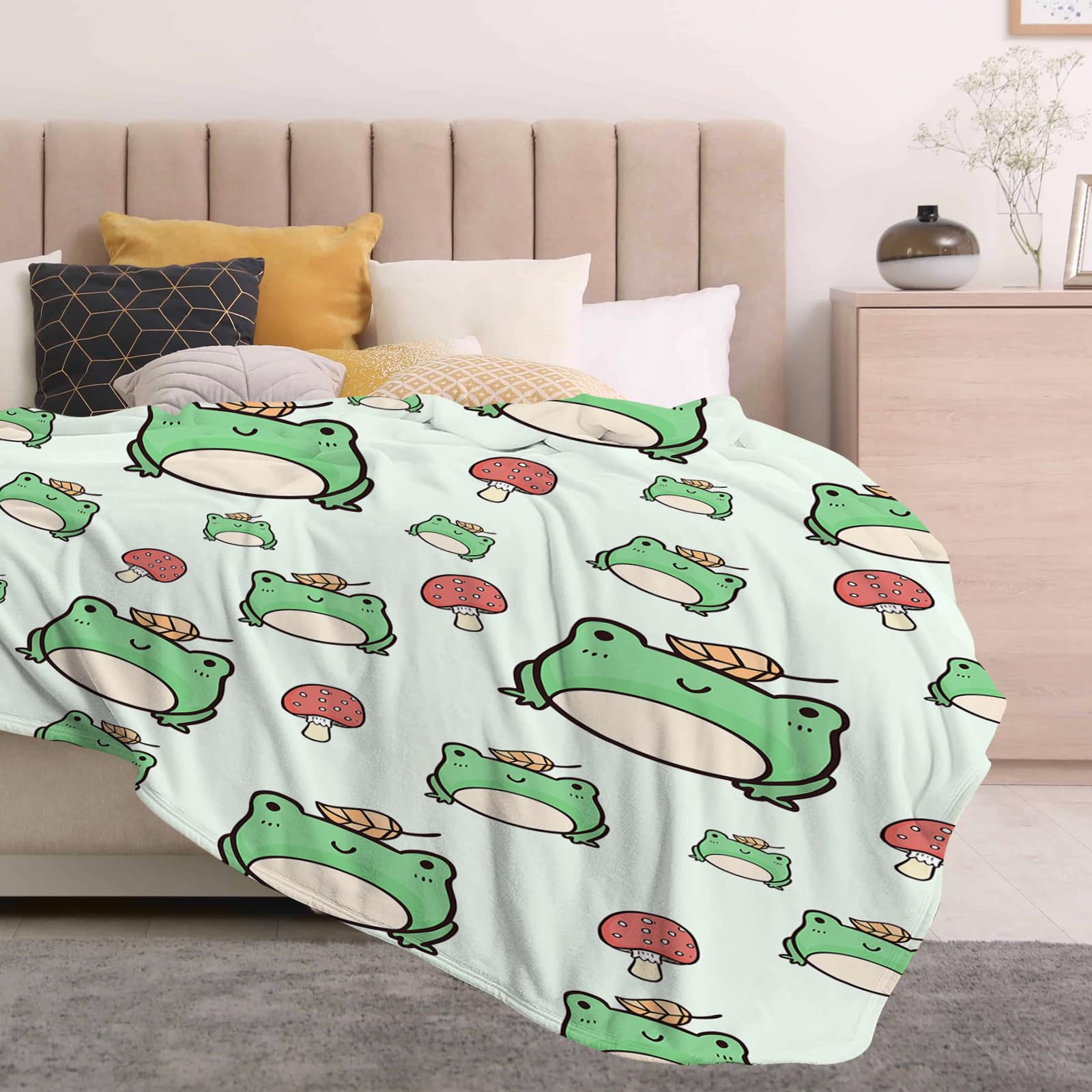 SKT T1 Frog Blanket Cute Frog Mushroom Green Throw Blankets for Kids Girls Boys Adults, Funny Frog Gifts for Frog Lovers, Soft Fluffy Cozy Flannel Blankets for Nap Bed Couch Office 60"x50"