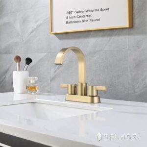 Senhozi Bathroom Sink Faucet 3 Hole Brushed Gold, 2 Handle 4 Inch Centerset Stainless Steel Bathroom Faucet with Pop up Drain and 2 Supply Lines, Waterfall Faucet Modern Faucet Bathroom, SE-0048-BG