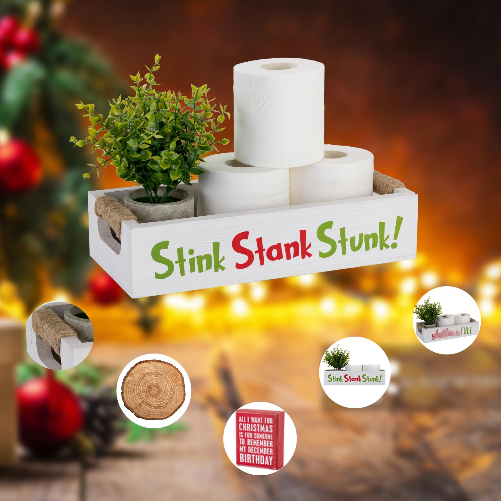 Veichin Double-Sided Christmas Funny Bathroom Decor with Double-Sided Sign, Stink Stank Stunk Box, Toilet Paper Storage Basket, White Wood Tank Tray Organizer with Handles for Christmas Decorative