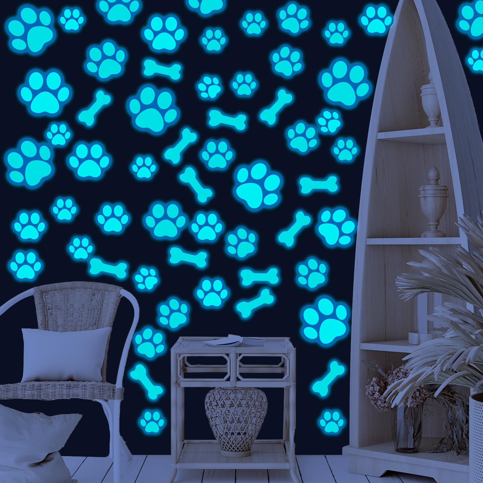 127 Pcs Dog Paw Print Stickers Glow in The Dark Wall Decals Dog Paw Print Wall Decor Dog Wall Stickers Decals Luminous Removable Vinyl Dog Paw Bone Wall Decals for Kids Nursery Bedroom (Blue Light)