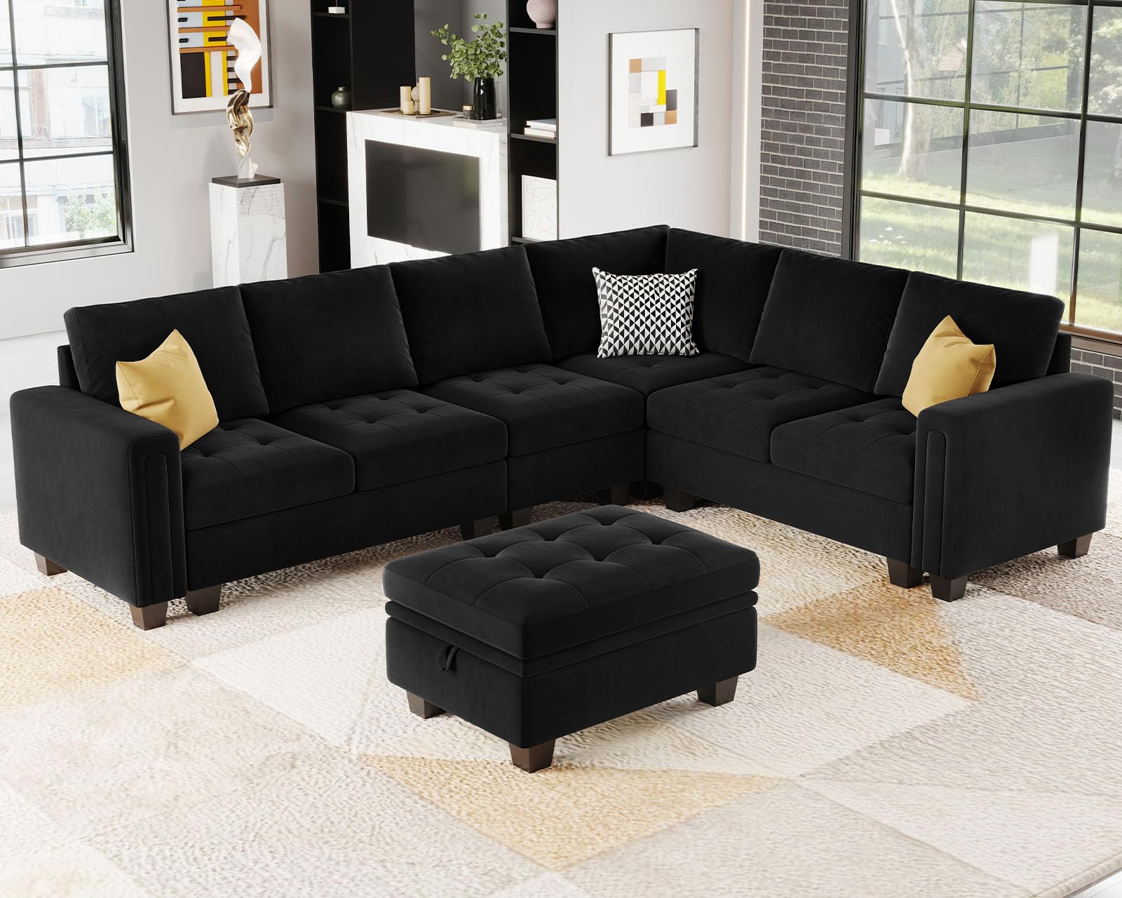 Belffin Velvet Long 2-Seat Module for Modular Sofa Sectional Couch Accent Armless 2 Seater Sofa Couch Chair Modern Fabric Black