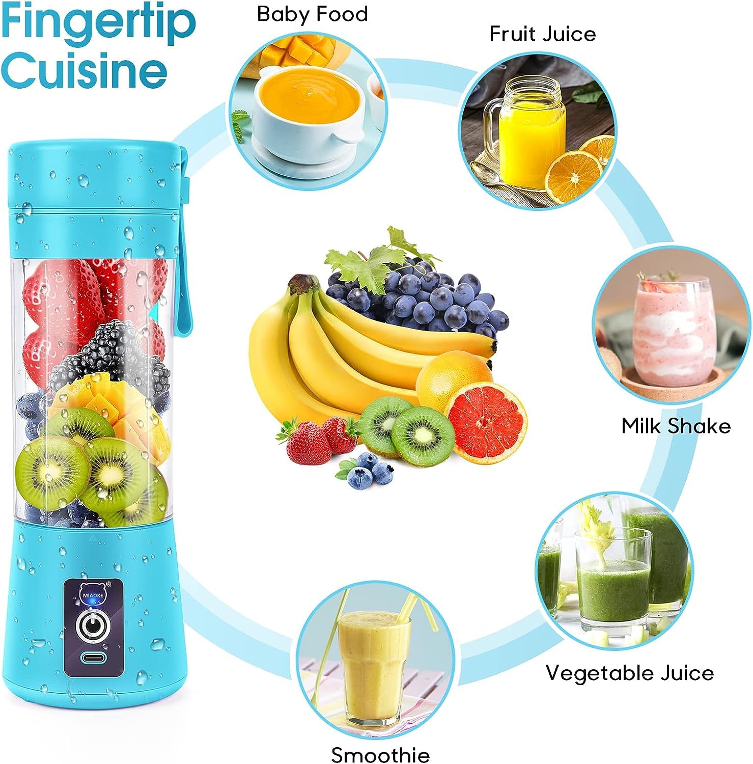 Portable Blender for Shakes and Smoothies, Personal Blender, Travel Lid for Kitchen, Office, Travel, Picnic, Gym & Travel, Personal Size Blenders with USB Rechargeable Blue