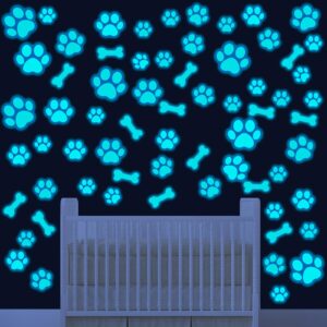 127 pcs dog paw print stickers glow in the dark wall decals dog paw print wall decor dog wall stickers decals luminous removable vinyl dog paw bone wall decals for kids nursery bedroom (blue light)