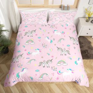 girls unicorn duvet cover full for kids toddler, cute pink unicorn comforter cover cartoon unicorn bedding set kawaii horse bedspread cover kids room decor lightweight quilt cover (no comforter)