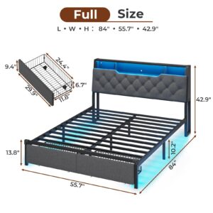 BTHFST Full Size Bed Frame with Charging Station, LED Bed Frame Full Size with Headboard Storage and 2 Drawers, Upholstered & Metal Platform Bed with Lights, No Box Spring Needed, Dark Grey