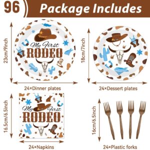 96 Pcs My First Rodeo Birthday Party Supplies Paper Plates Napkins Western Blue Cowboy 1st Rodeo Party Birthday Tableware Set Decorations Favors for Boy Baby Shower Serves 24