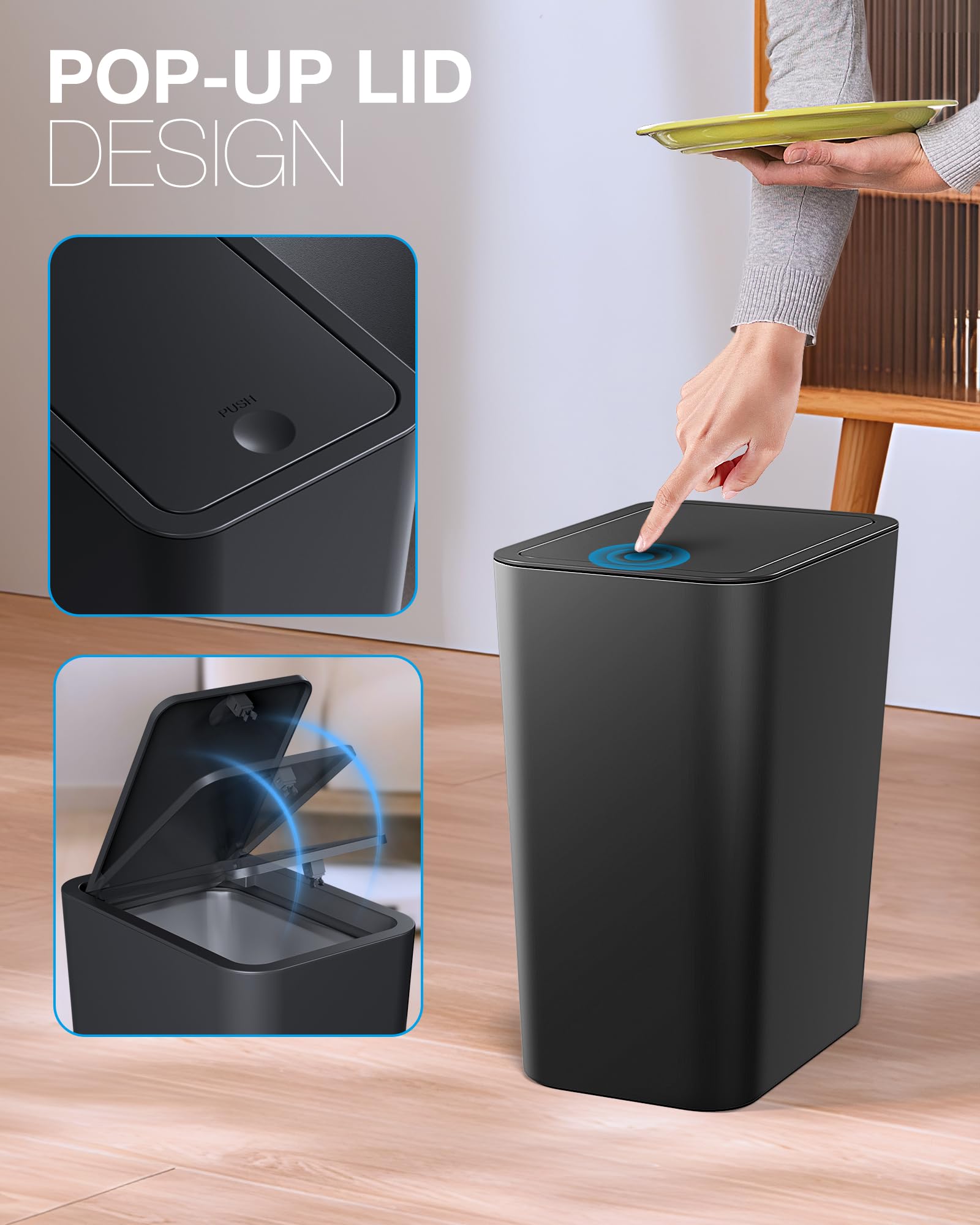 ITCPRL Bathroom Trash Can with Lid, 2 Pack 4 Gallons/15 Liters Garbage Can with Pop-Up Lid, Small Plastic Trash Can, Slim Trash Bin Waste Basket for Bathroom, Bedroom, Office, Living Room(Black)