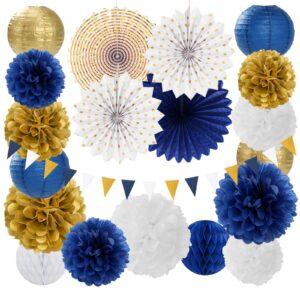 navy-blue white gold party-decorations - 20pcs graduation 2024 paper lanterns fans,tissue pom poms,honeycomb ball,birthday bridal celebration bachelorette baby shower wedding homecoming decor burgleda