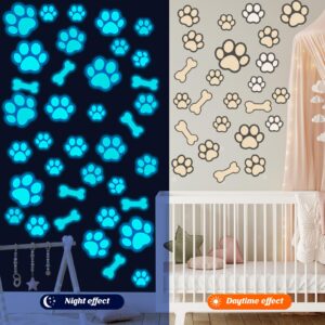 127 Pcs Dog Paw Print Stickers Glow in The Dark Wall Decals Dog Paw Print Wall Decor Dog Wall Stickers Decals Luminous Removable Vinyl Dog Paw Bone Wall Decals for Kids Nursery Bedroom (Blue Light)