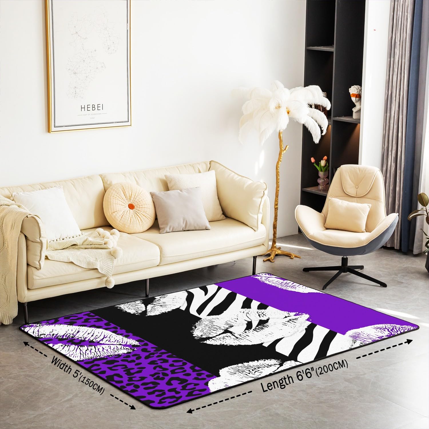 Castle Fairy White Lips Area Rug,Purple Leopard Print Non Slip Rug for Teens Adults,Black White Zebra Animal Skin Print Indoor Floor Mat for Housewarming Couch 3'x5'