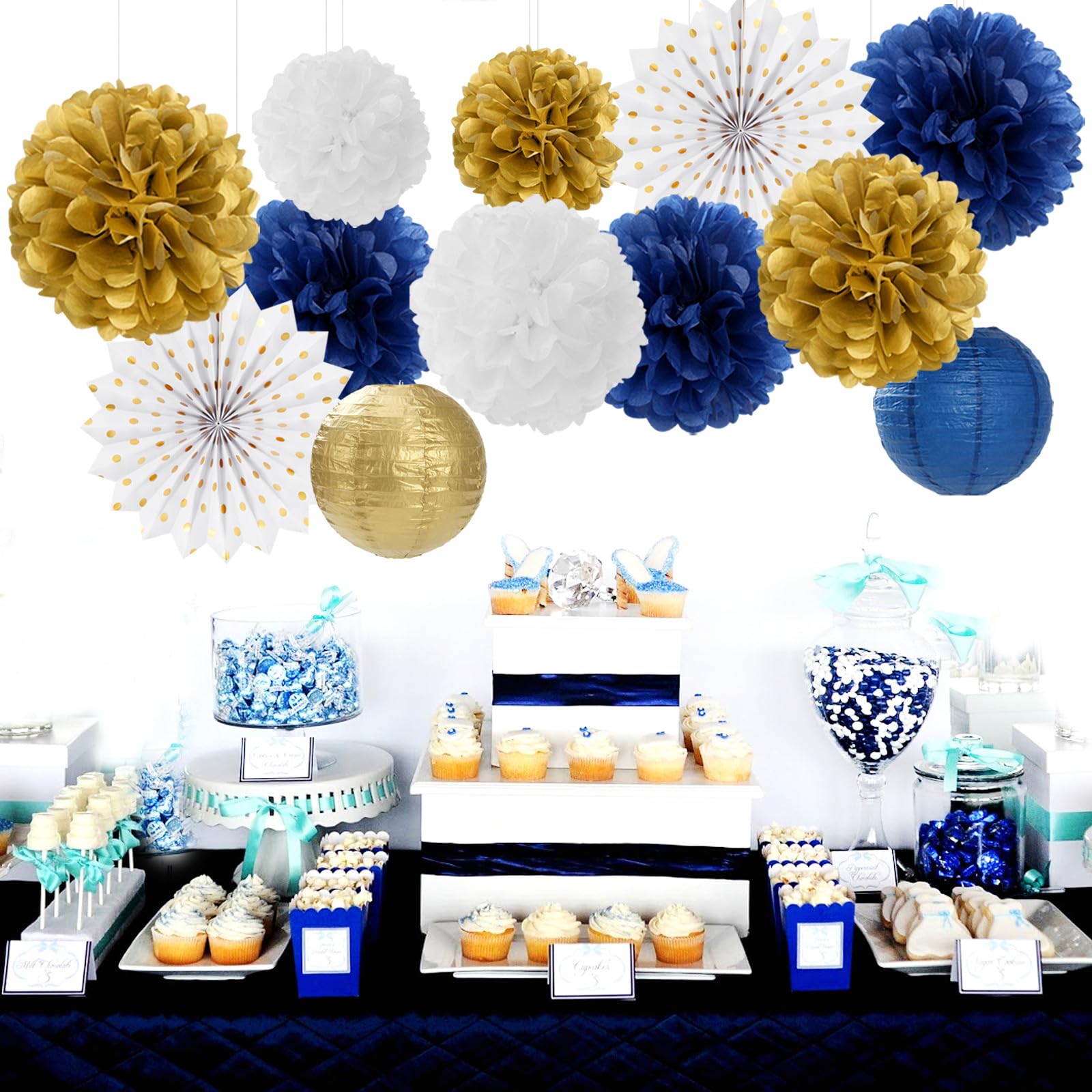 Navy-Blue White Gold Party-Decorations - 20pcs Graduation 2024 Paper Lanterns Fans,Tissue Pom Poms,Honeycomb Ball,Birthday Bridal Celebration Bachelorette Baby Shower Wedding Homecoming Decor Burgleda