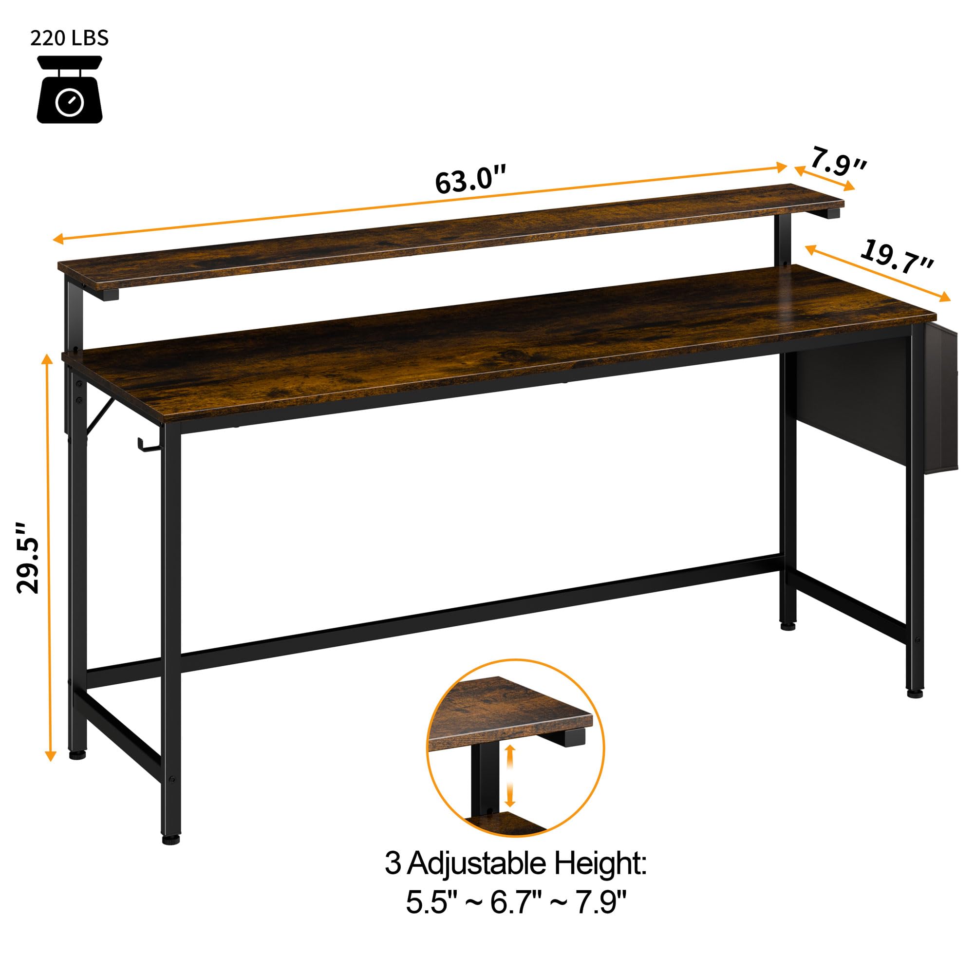 SUNLEI Computer Desk 63 inch Home Office Desks, Gaming Writing Desk Large Work Desk Study Workstation, Laptop Stand for Desk, Simple Assembly, Steel Frame, Rustic Brown