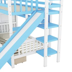 Kids Bunk Bed with Stairs and Slide, Wood Twin Over Twin Bunk Bed with Storage Drawers and Shelves, Castle Style Bunk Beds for Kids Teens Girls Boys, Blue