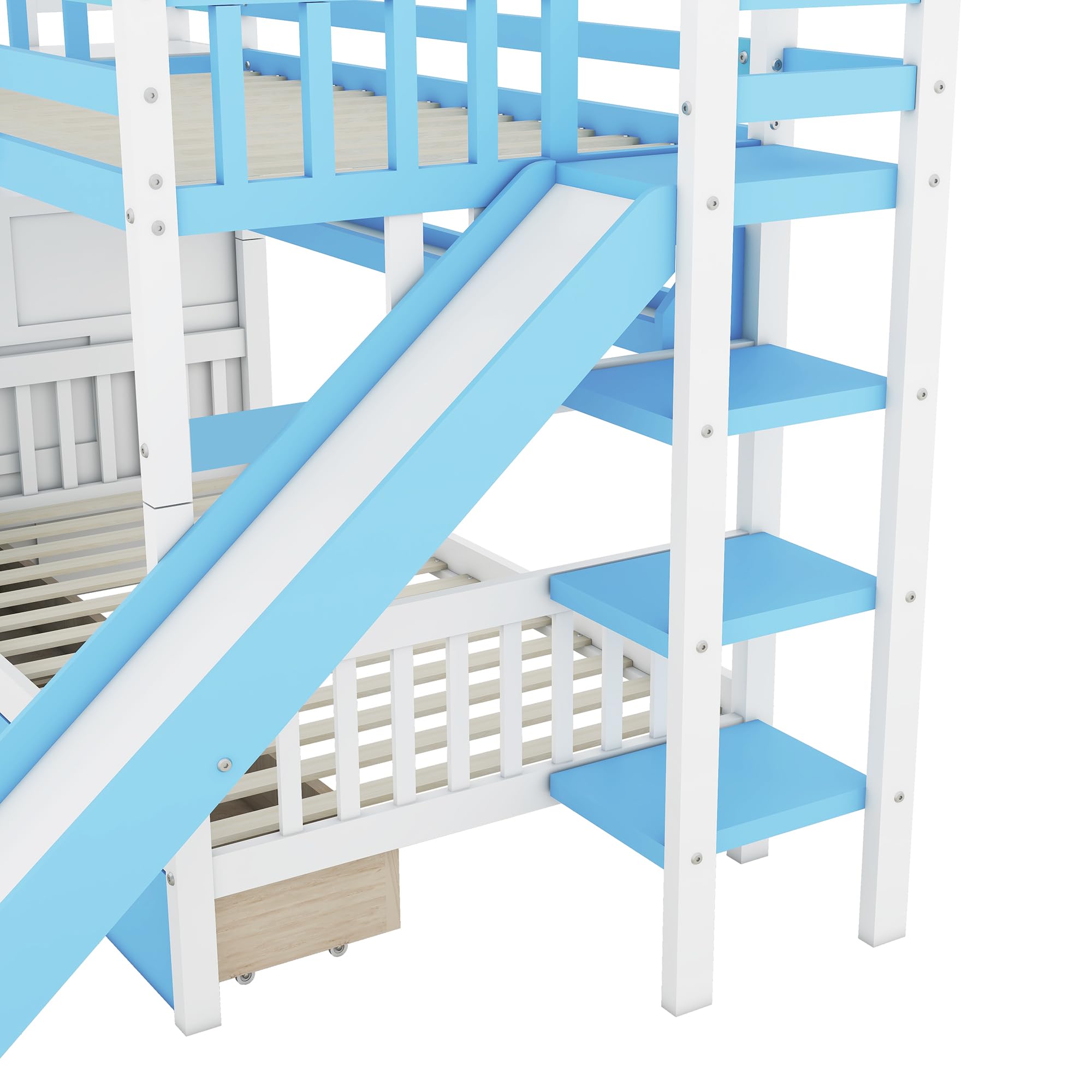 Kids Bunk Bed with Stairs and Slide, Wood Twin Over Twin Bunk Bed with Storage Drawers and Shelves, Castle Style Bunk Beds for Kids Teens Girls Boys, Blue