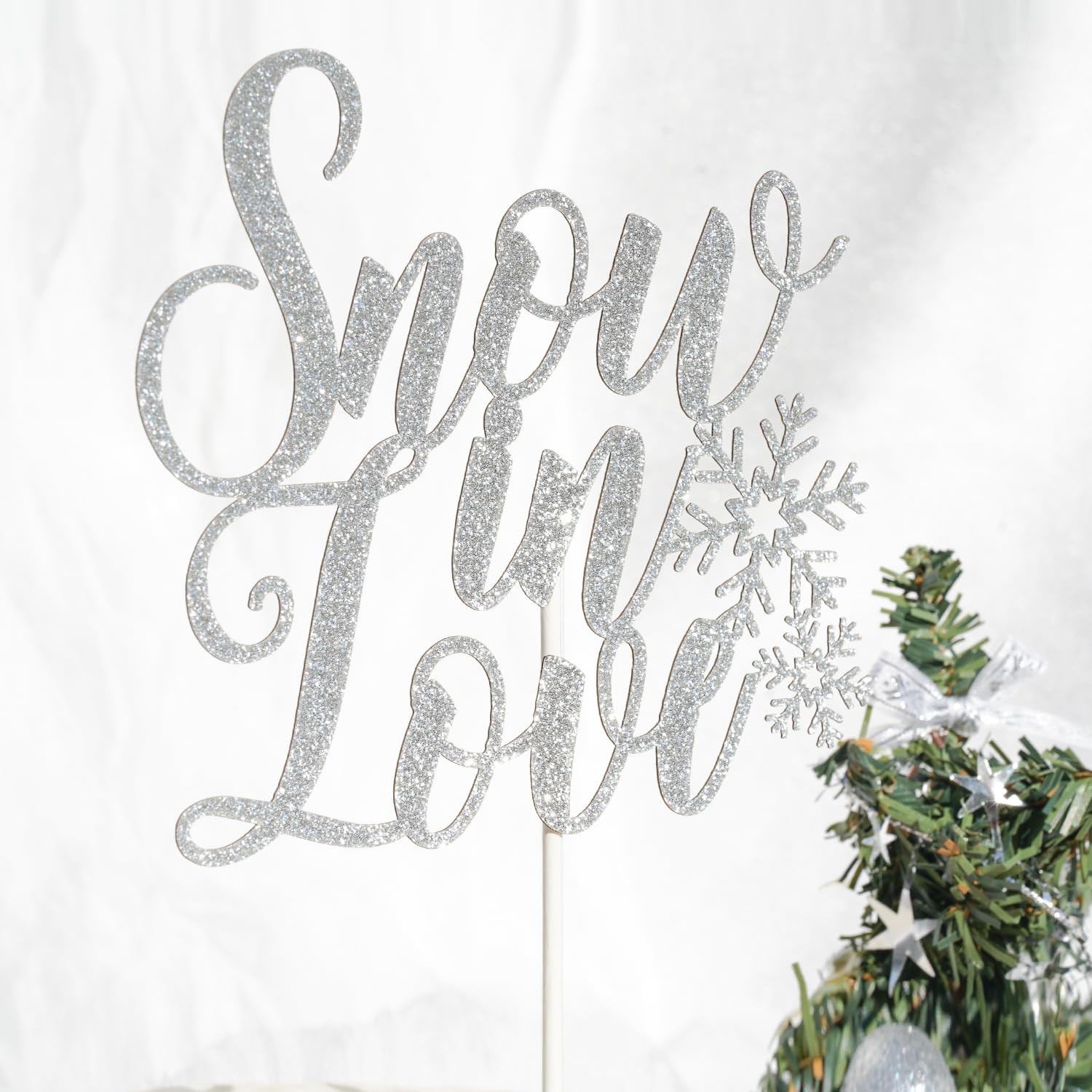 Snow in Love Cake Topper, Winter Bridal Shower Decor, Winter Themed Engagement Wedding Anniversary Bachelorette Party Decorations Silver Glitter