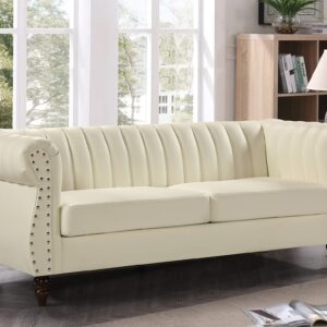 Container Furniture Direct Chesterfield-Inspired 77" Faux Leather Sofa with Elegant Design, Gourd Legs, and Sustainable Pleather Upholstery, 3 Seater Couch for Living Rooms and Offices, Cream White