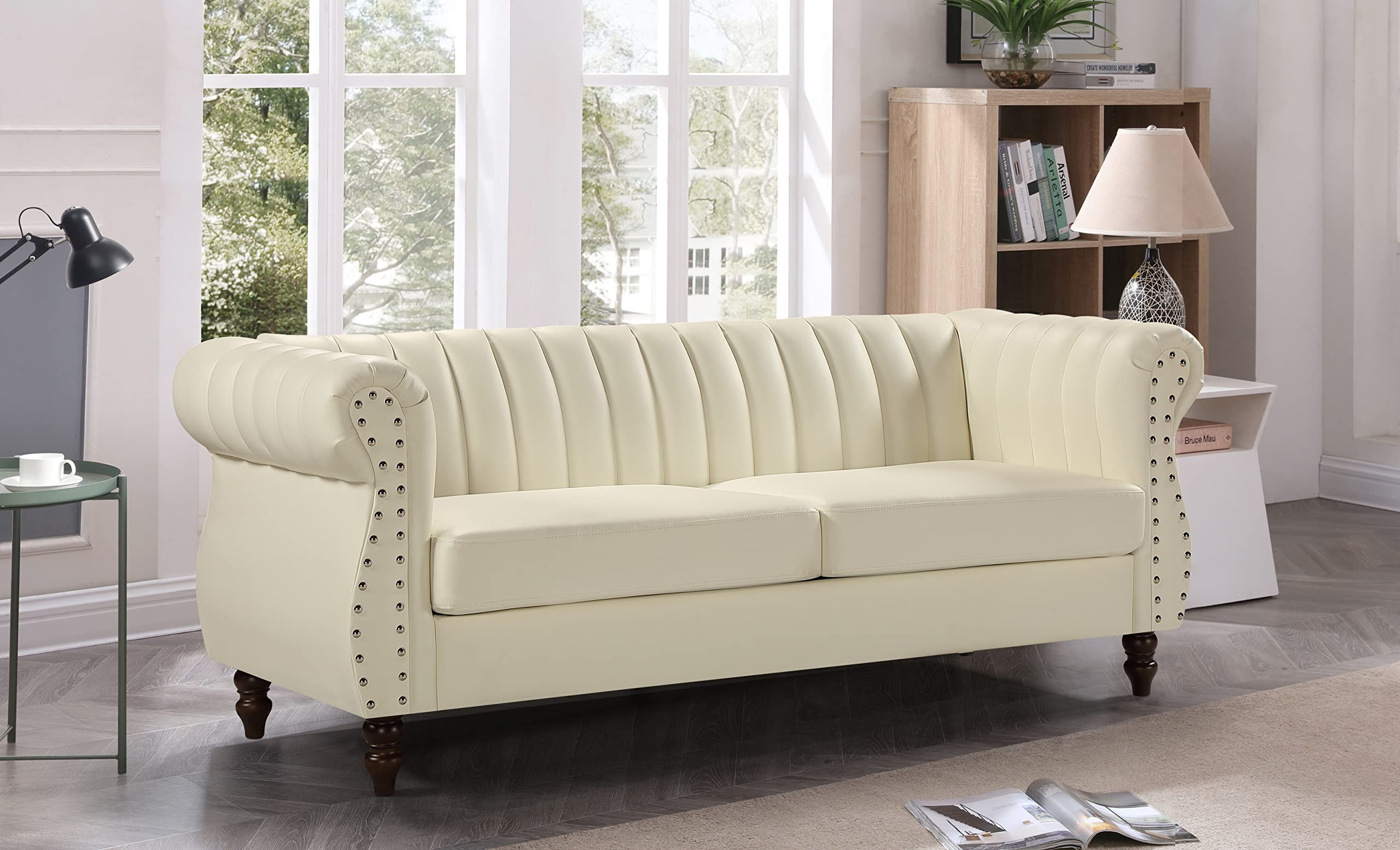 Container Furniture Direct Chesterfield-Inspired 77" Faux Leather Sofa with Elegant Design, Gourd Legs, and Sustainable Pleather Upholstery, 3 Seater Couch for Living Rooms and Offices, Cream White