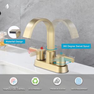 Senhozi Bathroom Sink Faucet 3 Hole Brushed Gold, 2 Handle 4 Inch Centerset Stainless Steel Bathroom Faucet with Pop up Drain and 2 Supply Lines, Waterfall Faucet Modern Faucet Bathroom, SE-0048-BG