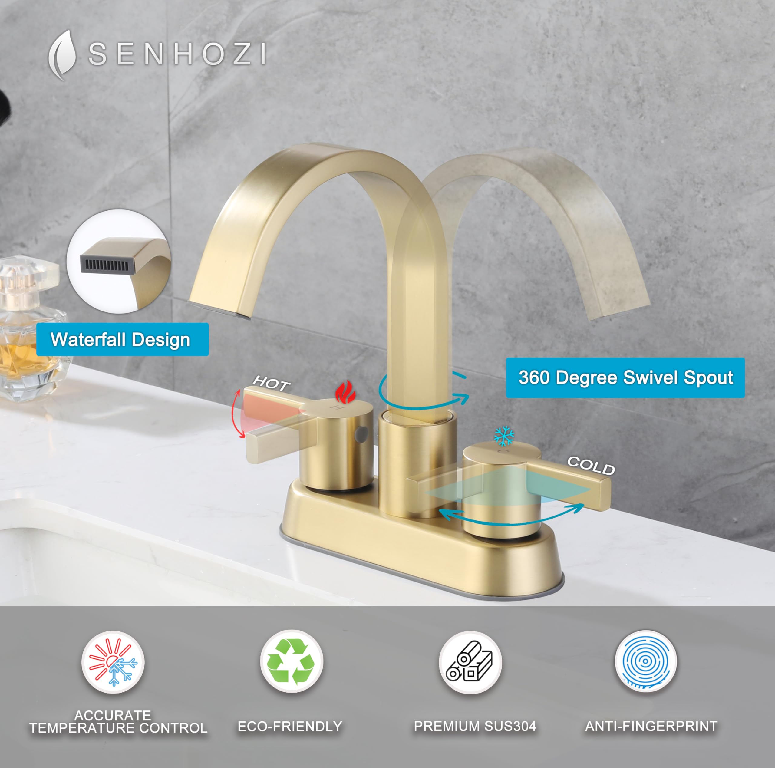 Senhozi Bathroom Sink Faucet 3 Hole Brushed Gold, 2 Handle 4 Inch Centerset Stainless Steel Bathroom Faucet with Pop up Drain and 2 Supply Lines, Waterfall Faucet Modern Faucet Bathroom, SE-0048-BG