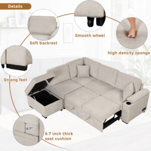 JURMALYN 87.4" Modular Sectional Sofa for Living Room, Convertible L- Shaped Sofa Couch Bed, 2 in 1 Pull Out Sleeper Sofa with USB Charge Ports Fabic Sofa with Storage - Beige