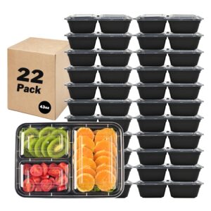 sports festival 22 pack meal prep containers, 43oz bento box, 3 compartment divided food storage containers durable stackable reusable, for microwave/dishwasher/freezer（22 trays & 22 lids）