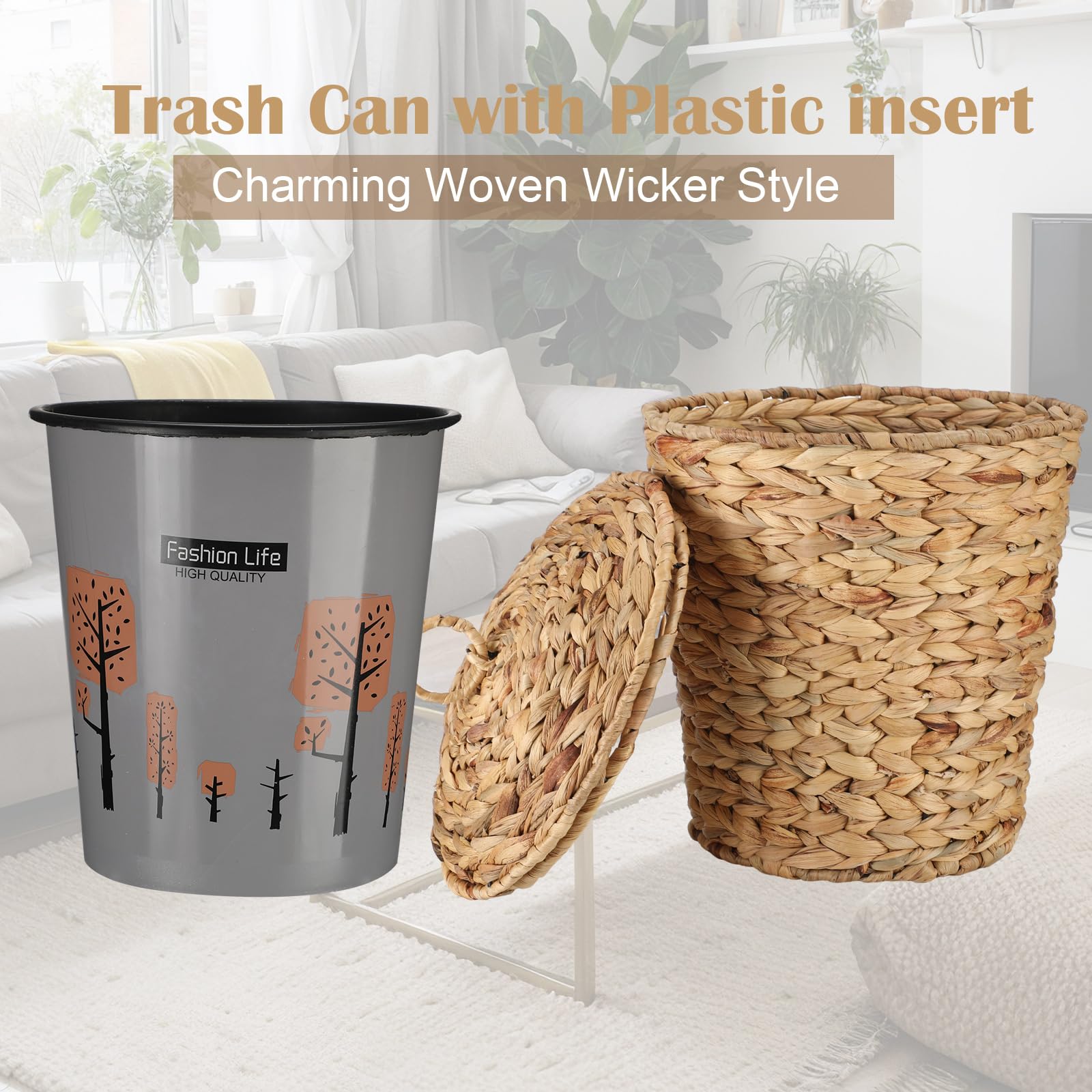 Maxcheck 2 Sets Wicker Trash Can with Lid and Plastic Insert 3 Gallon Trash Can Boho Woven Wicker Round Waste Basket Office Garbage Cans for Bathroom Living Room Bedroom