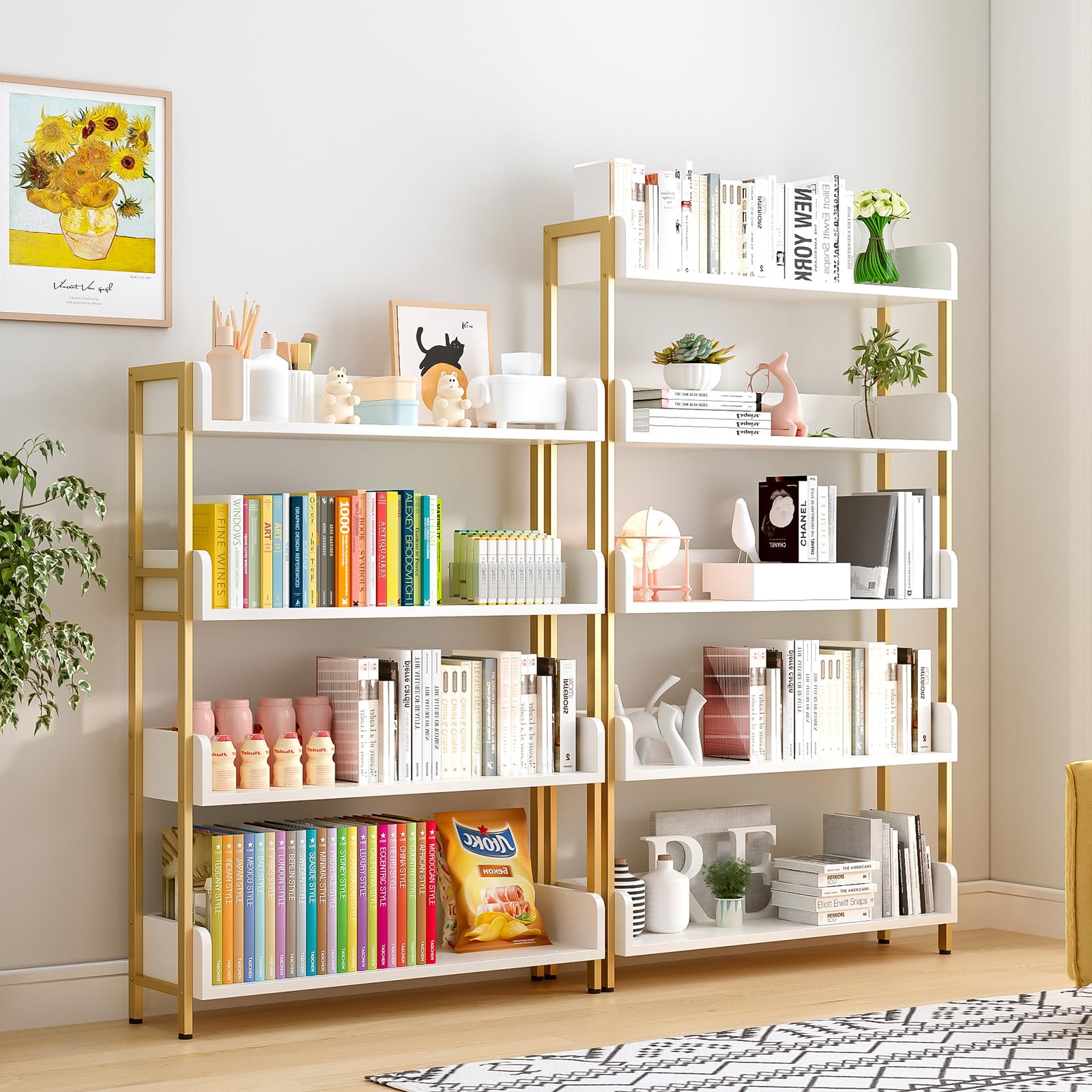 OSCHF Wide Open Shelf Bookcase - Modern 4-Tier Floor Standing Display Bookshelf with Three-Side Baffles for Home and Office, Storage Shelving in Warm White with Gold Frame