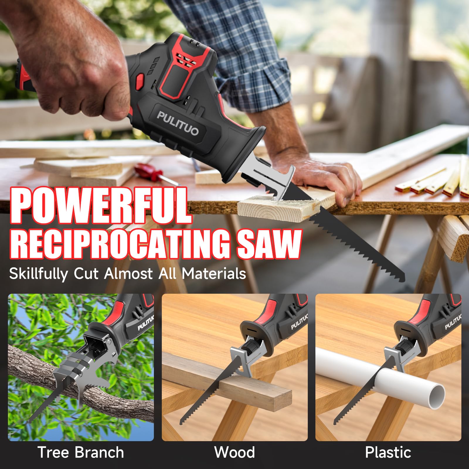 PULITUO Reciprocating Saw Cordless, Power Reciprocating Saws Compact Design，Including 2pcs 2000mAh Li-Ion battery, 1-Hour Fast Charger, Clamp Jaw, 4pcs of Saw Blades for Wood/Metal/PVC