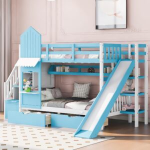 kids bunk bed with stairs and slide, wood twin over twin bunk bed with storage drawers and shelves, castle style bunk beds for kids teens girls boys, blue