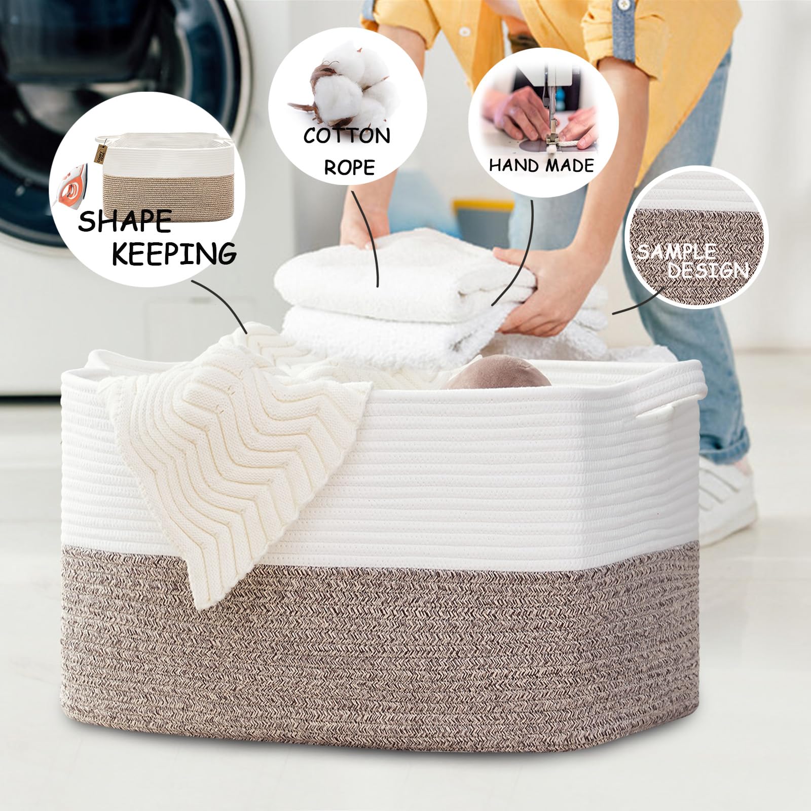 COMFY-HOMI Large Laundry Basket for Organizing|Rectangle Cotton Rope Storage Basket with Handles|Blanket Basket for Living Room|Woven Laundry Basket for Towels, Toys, Clothes-22x15x12”-White/Brown