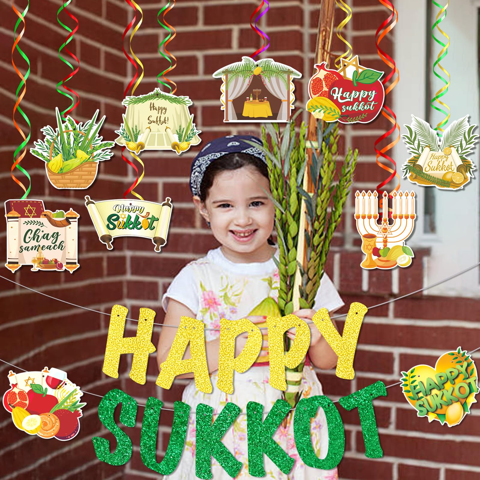 Happy Sukkot Banner Happy Sukkot Hanging Swirls Sukkot Banners Sukkot Hanging Decorations Sukkot Glitter Foil Ceiling Swirls Streams Sukkah Decorations for Jewish Holiday