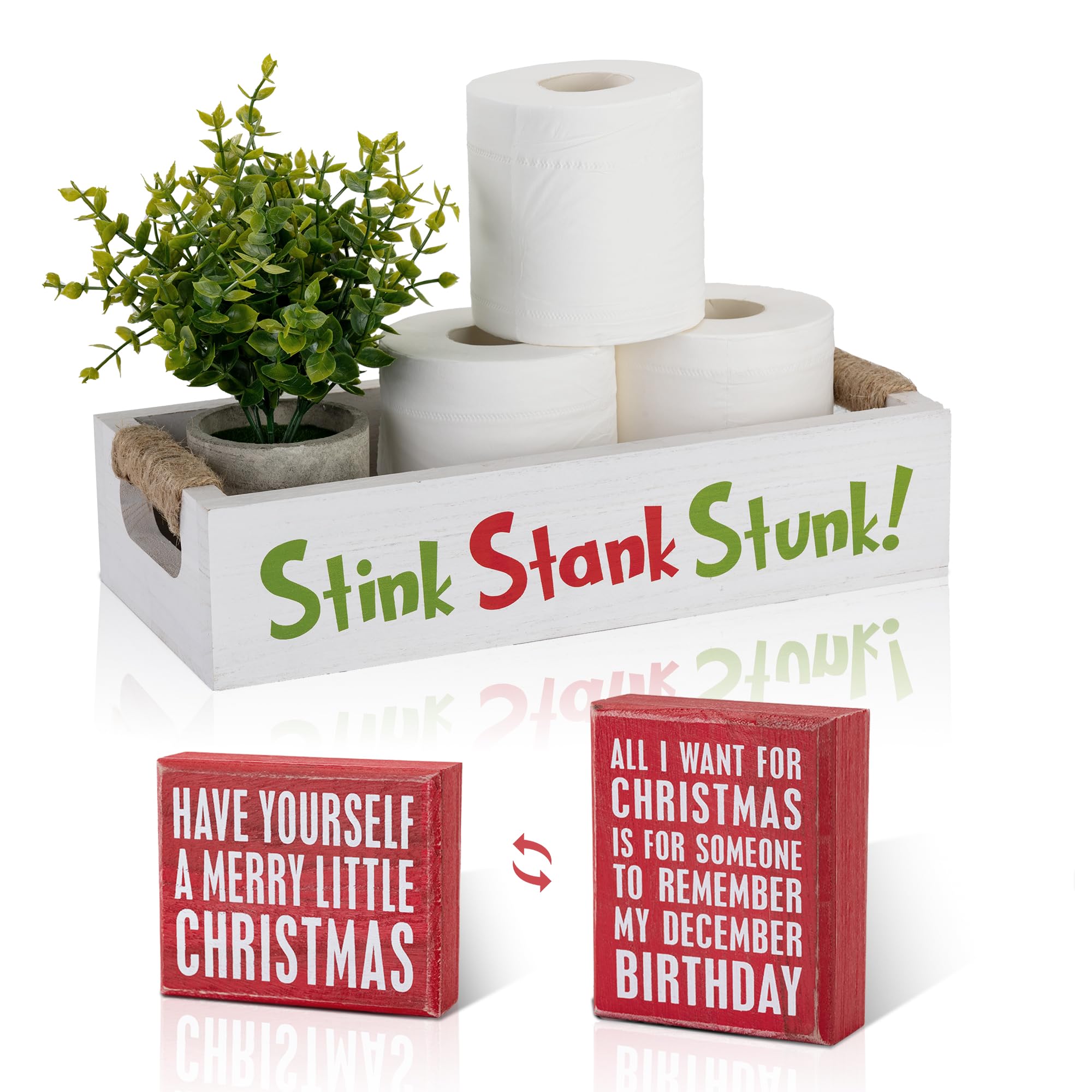 Veichin Double-Sided Christmas Funny Bathroom Decor with Double-Sided Sign, Stink Stank Stunk Box, Toilet Paper Storage Basket, White Wood Tank Tray Organizer with Handles for Christmas Decorative