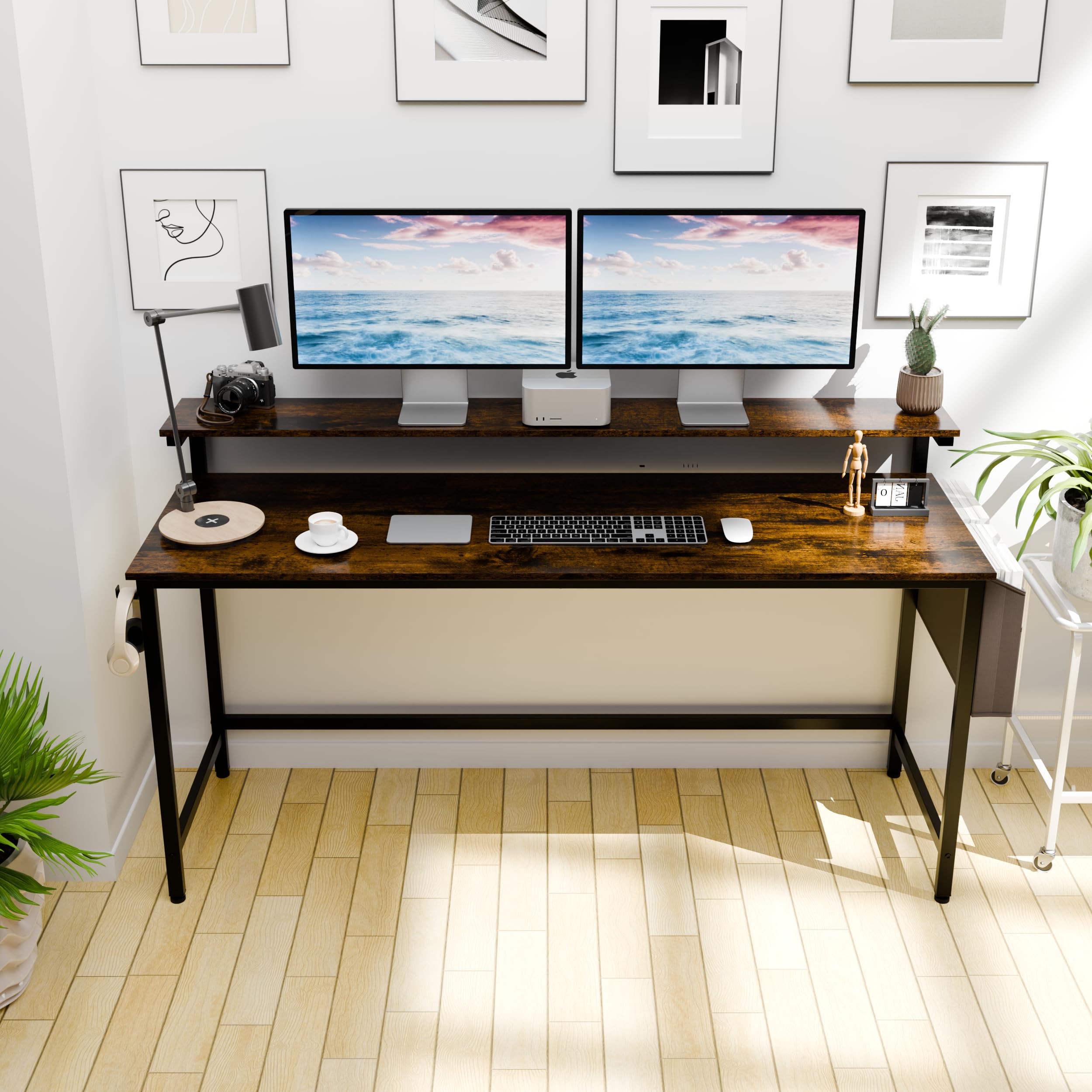 SUNLEI Computer Desk 63 inch Home Office Desks, Gaming Writing Desk Large Work Desk Study Workstation, Laptop Stand for Desk, Simple Assembly, Steel Frame, Rustic Brown