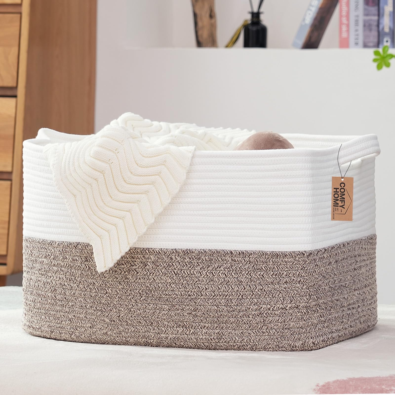 COMFY-HOMI Large Laundry Basket for Organizing|Rectangle Cotton Rope Storage Basket with Handles|Blanket Basket for Living Room|Woven Laundry Basket for Towels, Toys, Clothes-22x15x12”-White/Brown