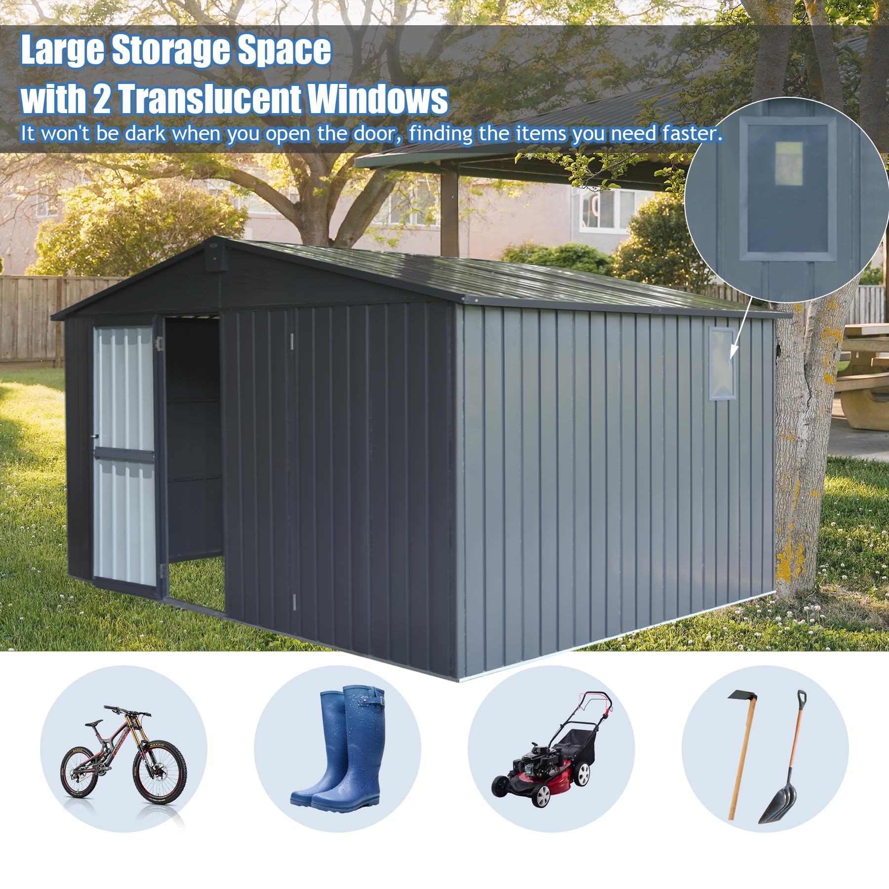 Domi Backyard Storage Shed 11’ x 9’ with Galvanized Steel Frame & Windows, Outdoor Garden Shed Metal Utility Tool Storage Room with Lockable Door for Patio(Dark Gray)