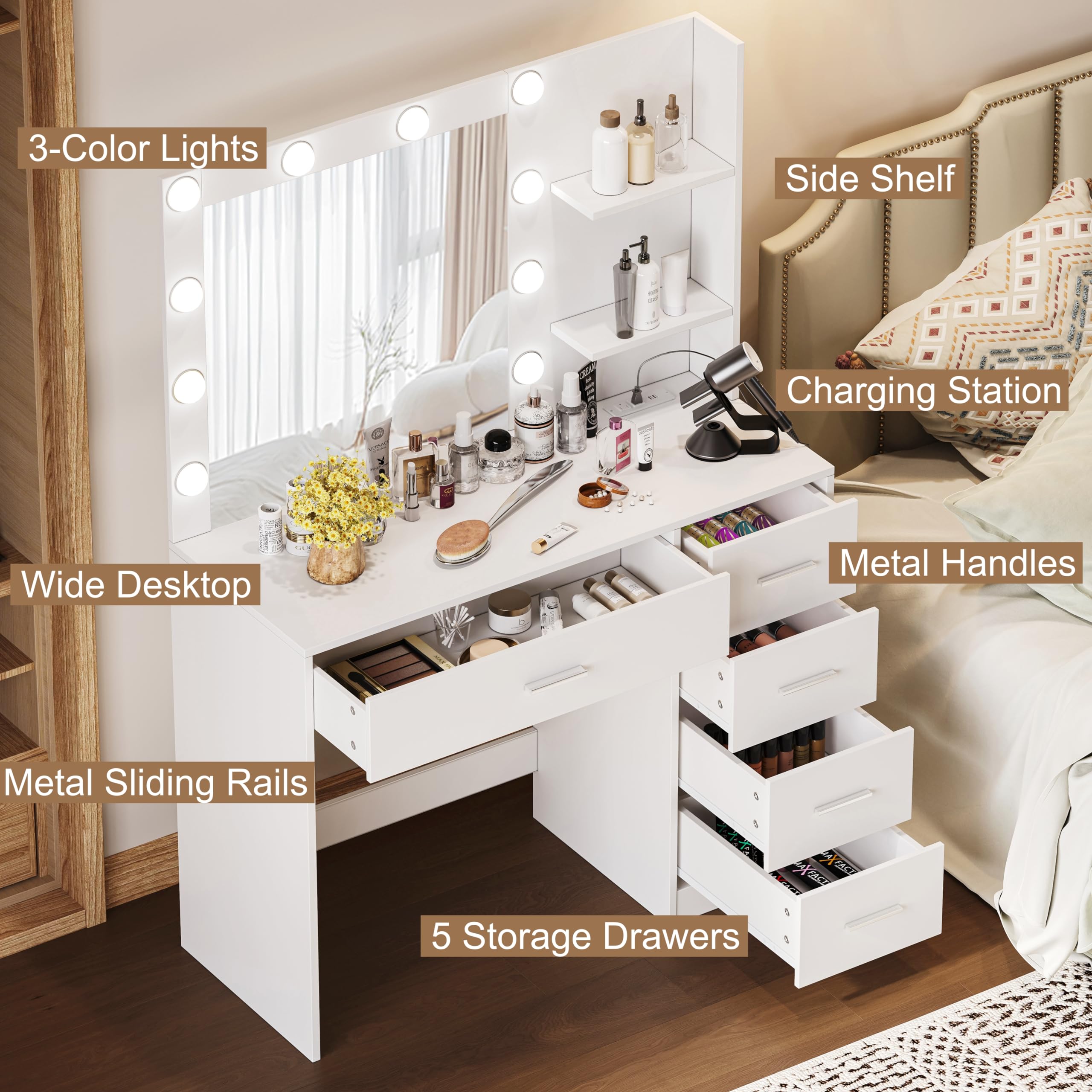 Keehusux Vanity Table with Mirror and Lights, 3 Lighting Colors, Bedroom Makeup Vanity with Charging Station, Makeup Desk with 5 Drawers and Open Storage Shelves, White KES001WSZT