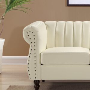 Container Furniture Direct Chesterfield-Inspired 77" Faux Leather Sofa with Elegant Design, Gourd Legs, and Sustainable Pleather Upholstery, 3 Seater Couch for Living Rooms and Offices, Cream White