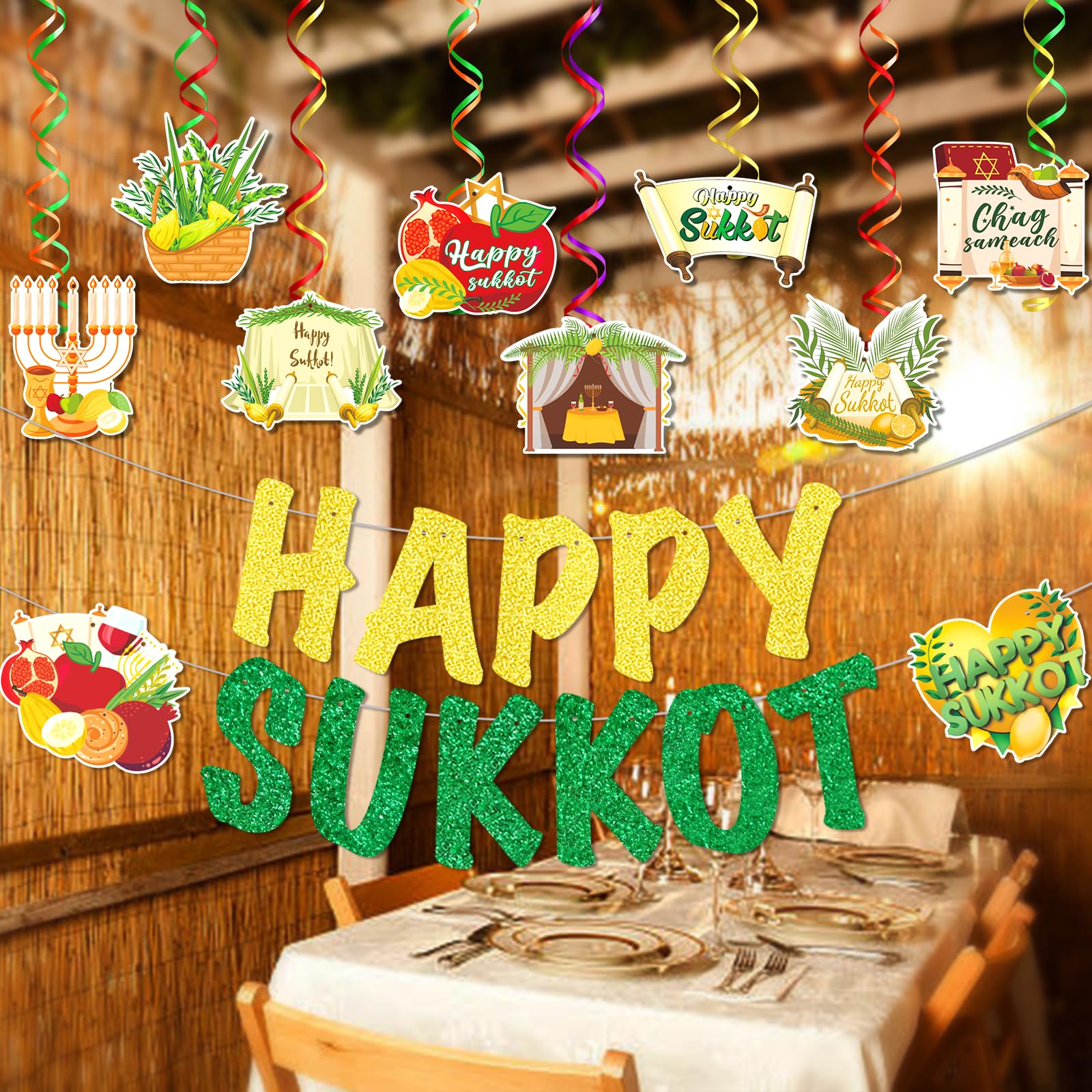 Happy Sukkot Banner Happy Sukkot Hanging Swirls Sukkot Banners Sukkot Hanging Decorations Sukkot Glitter Foil Ceiling Swirls Streams Sukkah Decorations for Jewish Holiday