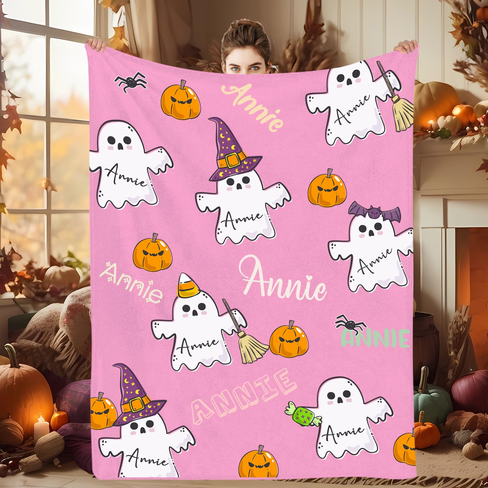 Custom Halloween Blanket for Girls, Personalized Baby Blanket for Boys with Name, Custom Super Soft Throw Blanket for Kids, Halloween Pumpkin Ghost Blanket Decoration, Personalized Halloween Baby Gift