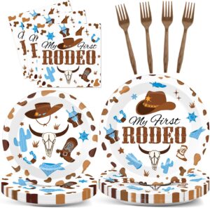 96 pcs my first rodeo birthday party supplies paper plates napkins western blue cowboy 1st rodeo party birthday tableware set decorations favors for boy baby shower serves 24