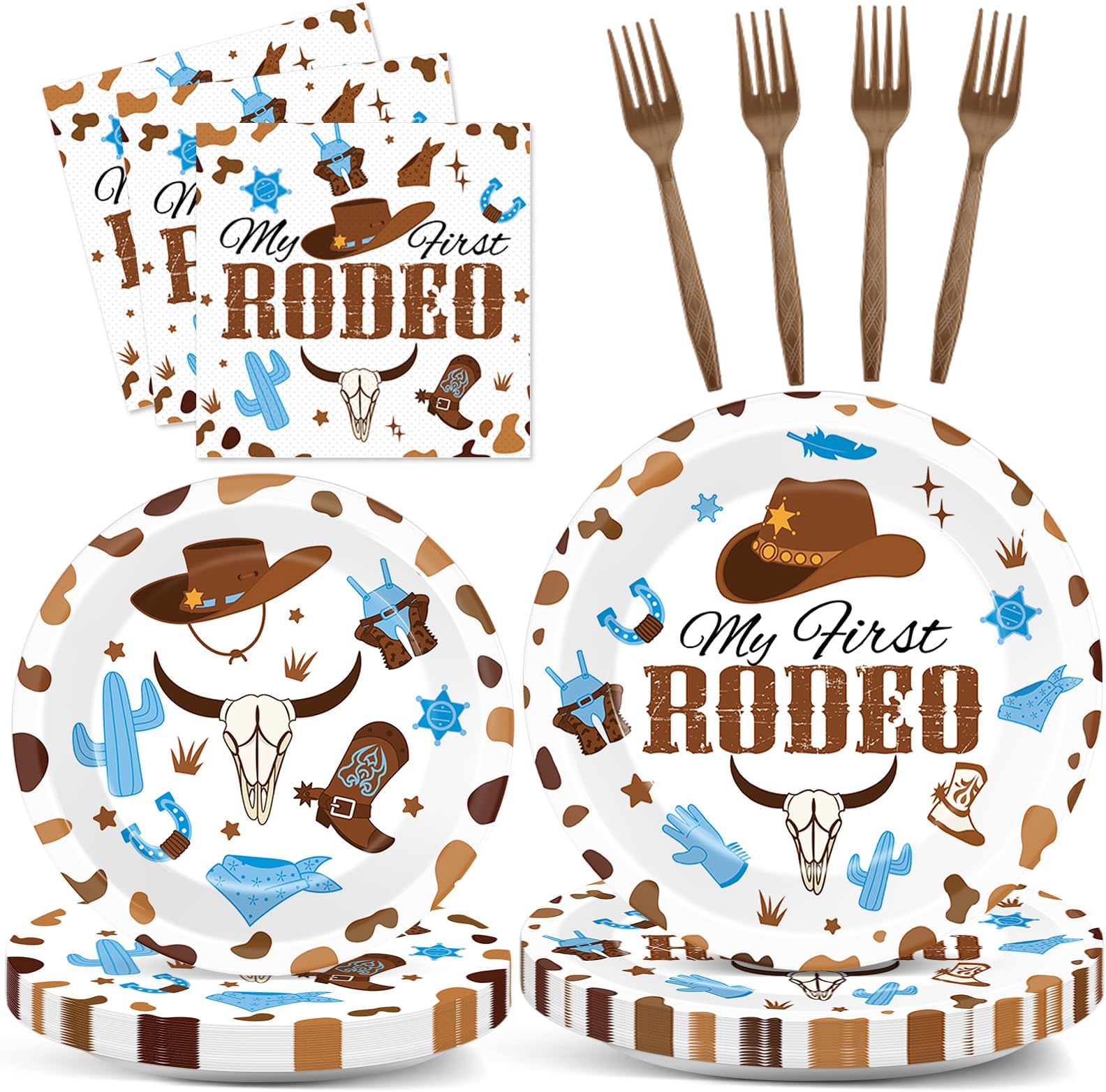 96 Pcs My First Rodeo Birthday Party Supplies Paper Plates Napkins Western Blue Cowboy 1st Rodeo Party Birthday Tableware Set Decorations Favors for Boy Baby Shower Serves 24