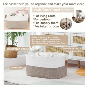 COMFY-HOMI Large Laundry Basket for Organizing|Rectangle Cotton Rope Storage Basket with Handles|Blanket Basket for Living Room|Woven Laundry Basket for Towels, Toys, Clothes-22x15x12”-White/Brown