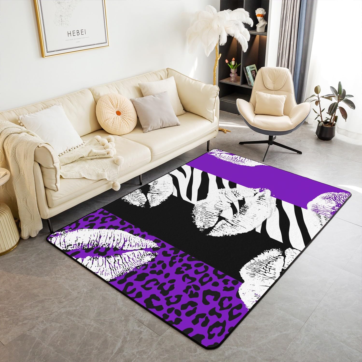 Castle Fairy White Lips Area Rug,Purple Leopard Print Non Slip Rug for Teens Adults,Black White Zebra Animal Skin Print Indoor Floor Mat for Housewarming Couch 3'x5'