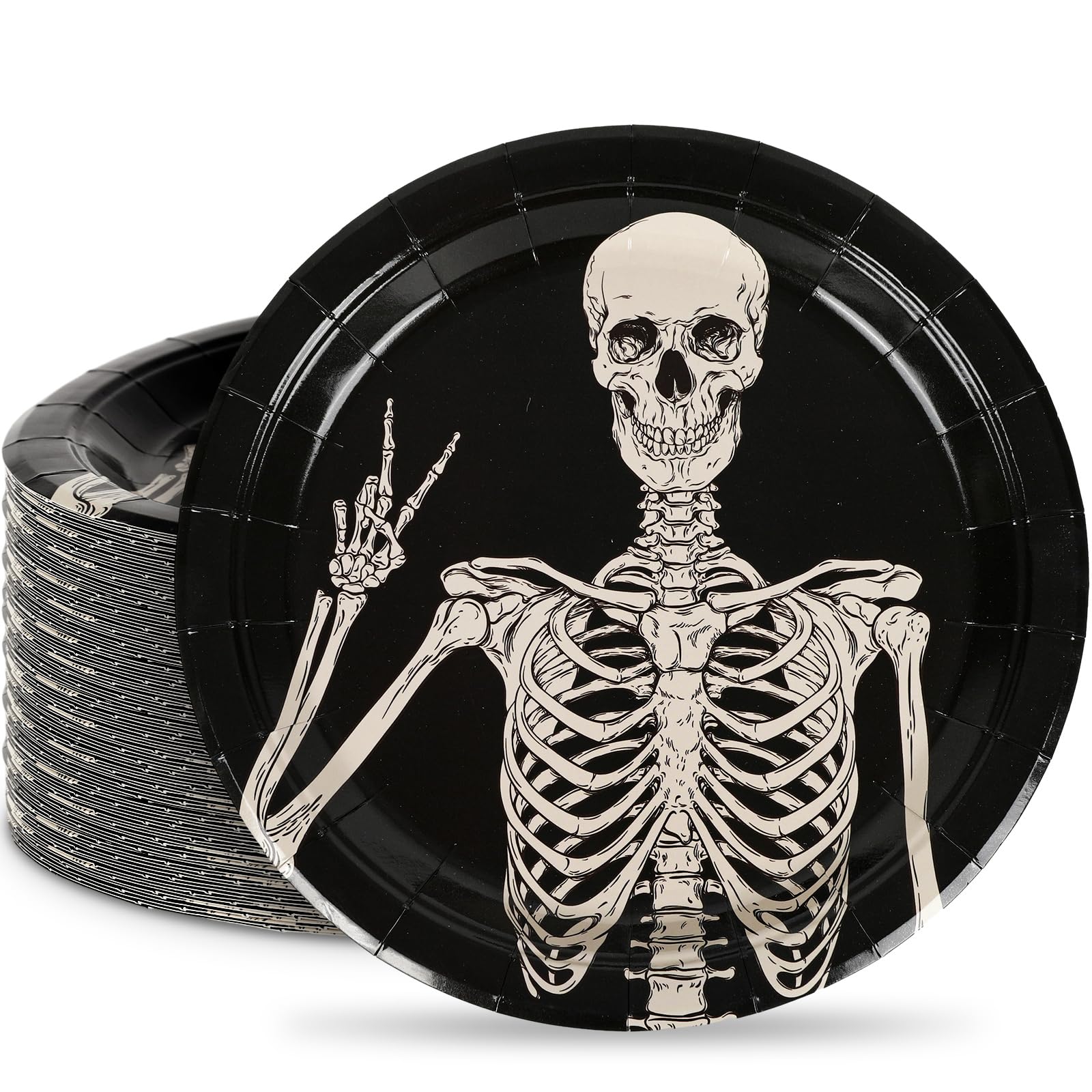 AnyDesign Halloween Paper Plates Disposable Spooky Skeleton Plates 9 Inch Decorative Tableware Dessert Plates for Holiday Party Decor Supplies, 24Pcs