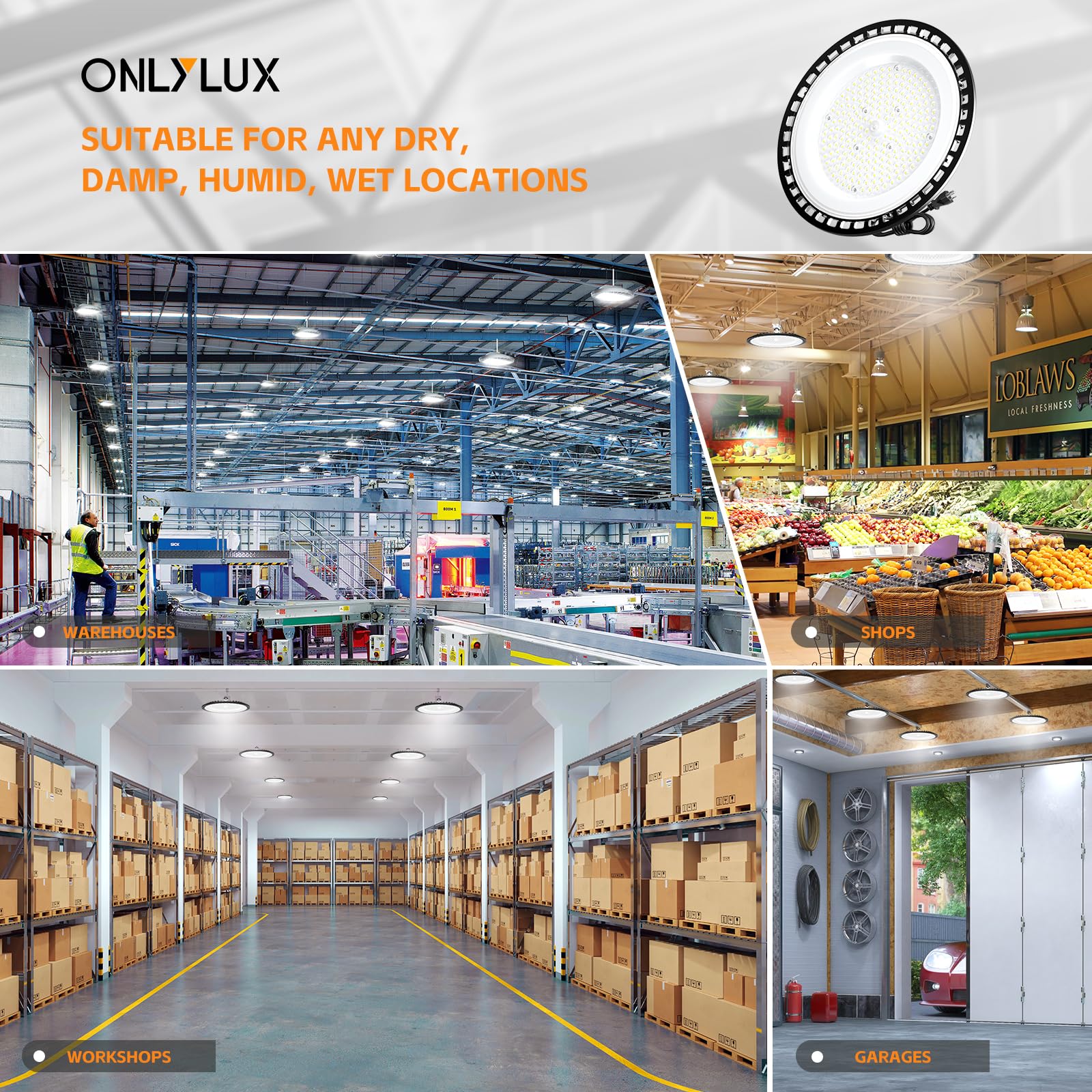 ONLYLUX LED High Bay Lights, LED Shop Lighting Garage 150W 22500LM 100-277V 5000K with Plug, Safe Rope for Gym Factory Warehouse Workshop Garage Barn - 2Pack