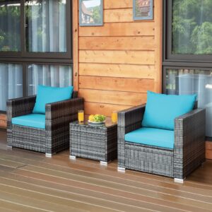 DORTALA 3 Pieces Patio Furniture Set, Outdoor Rattan Sofa Couch Set with Cushions, Tempered Glass Coffee Table, Wicker Patio Conversation Set for Lawn Backyard Poolside Balcony, Turquoise