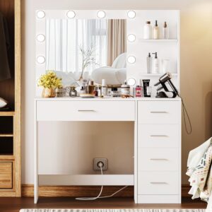 Keehusux Vanity Table with Mirror and Lights, 3 Lighting Colors, Bedroom Makeup Vanity with Charging Station, Makeup Desk with 5 Drawers and Open Storage Shelves, White KES001WSZT