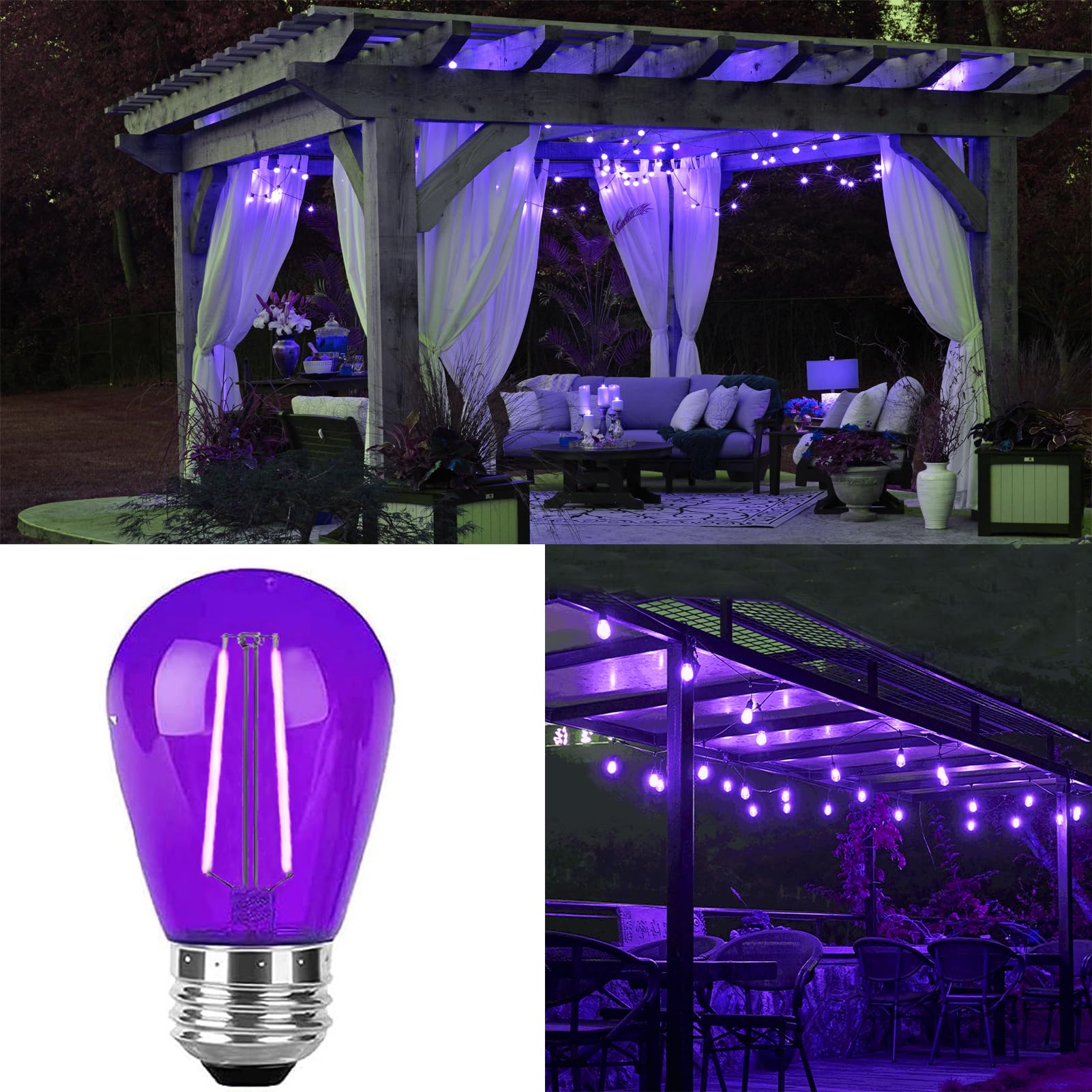 15 Pack Purple LED Bulb S14 Replacement LED Light Bulbs 2W Plastic Shatterproof LED Night Bulb E26 Base Purple String Lights Waterproof Vintage Bulb for Halloween Christmas Wedding Party Patio, Purple